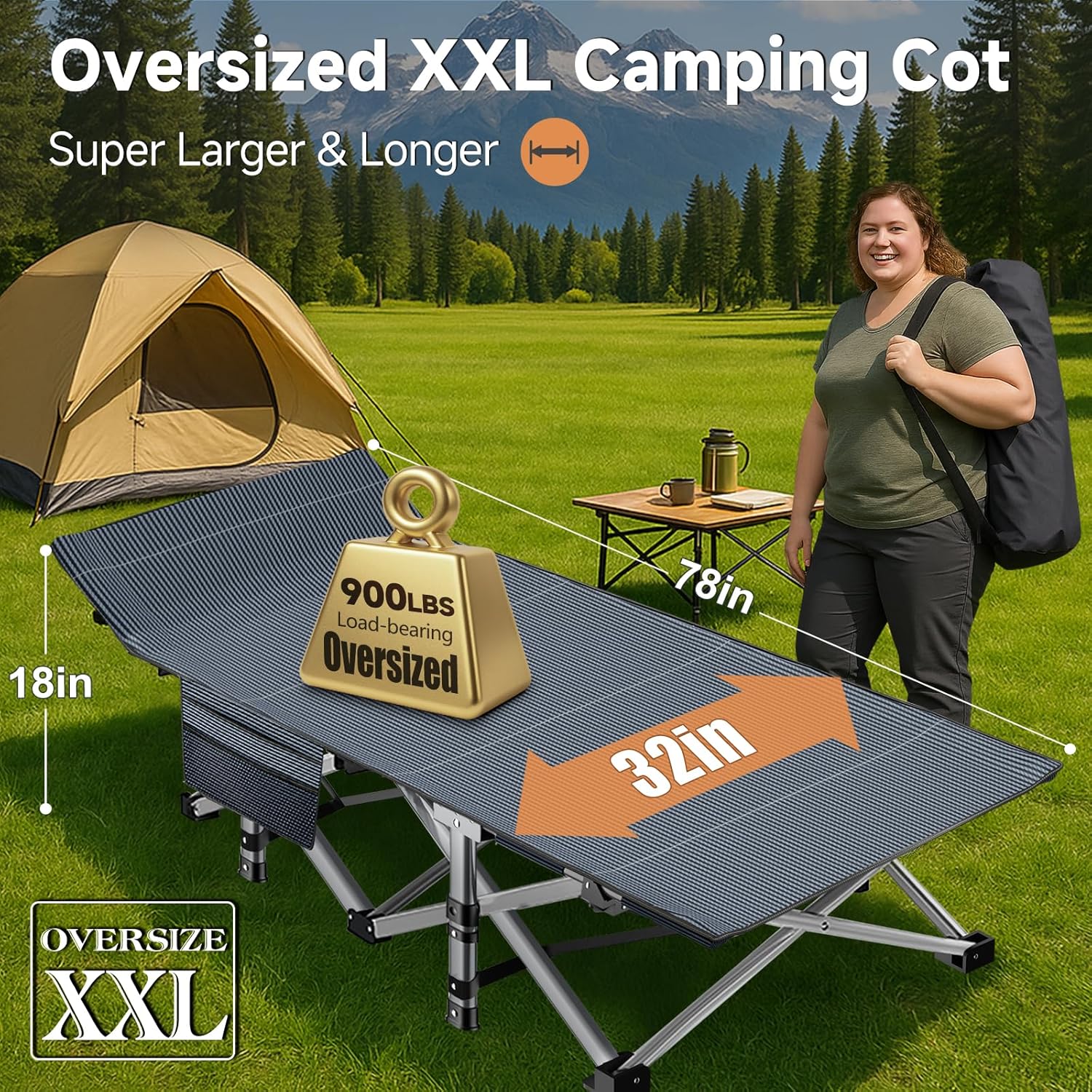 Folding Camping Cot with Matress (Load up to 900 lbs)
