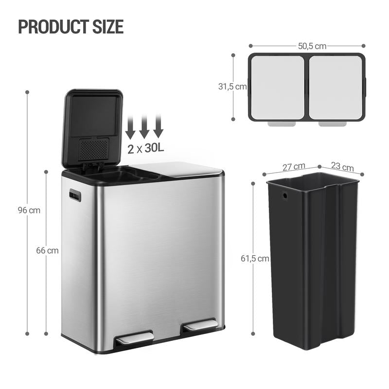 2-in-1 Stainless Steel Bin (2 x 30L) + 15 Bags Included