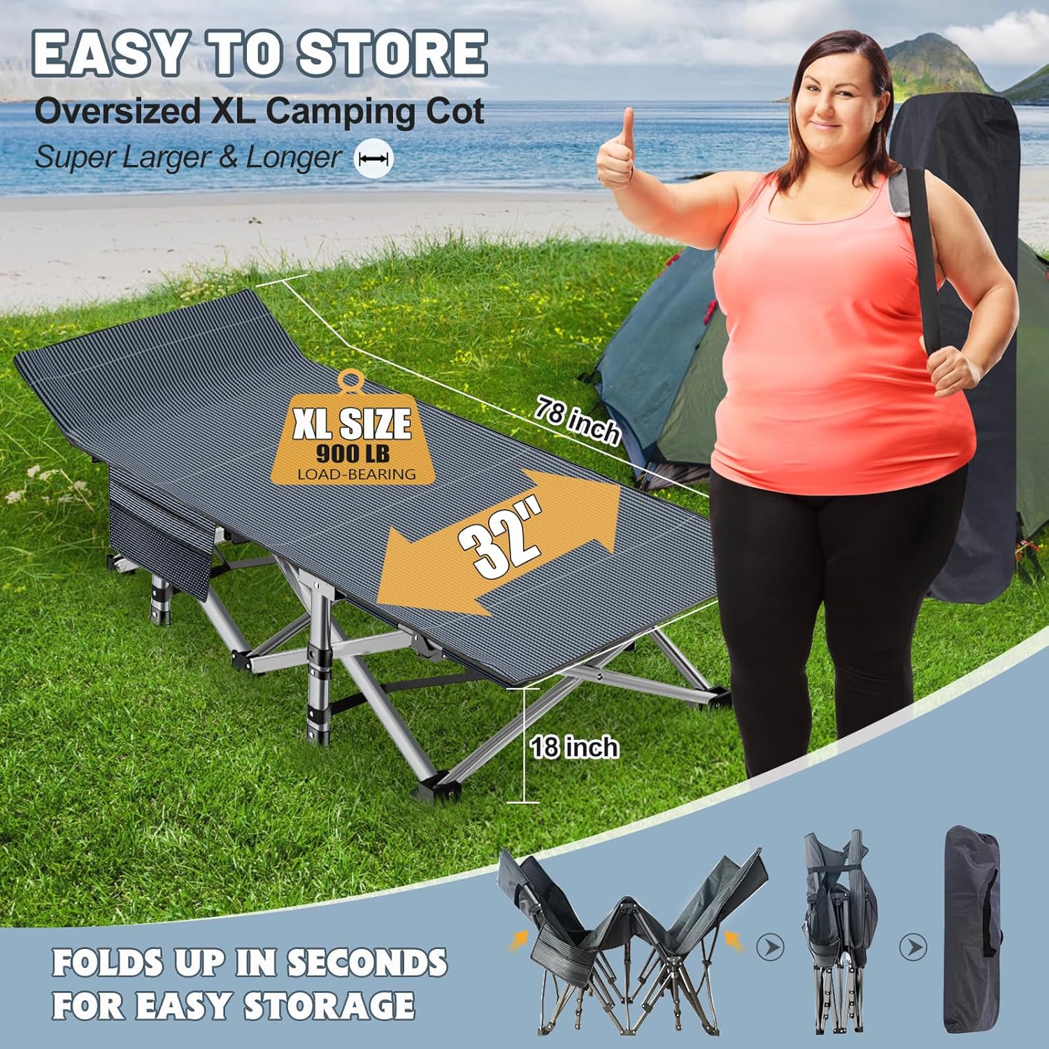 Folding Camping Cot with Matress (Load up to 900 lbs)