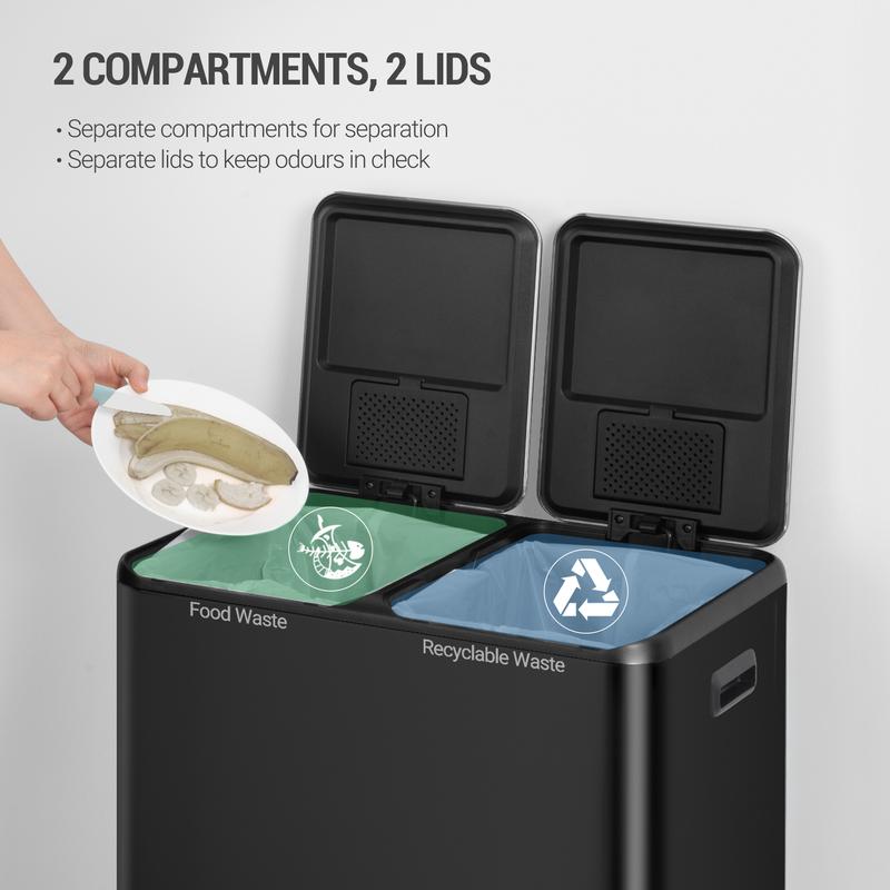 2-in-1 Stainless Steel Bin (2 x 30L) + 15 Bags Included
