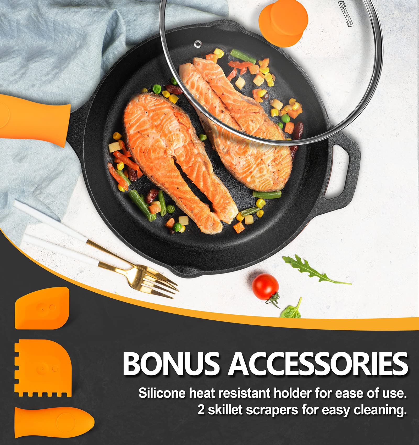 Pre-Seasoned Cast Iron Skillet 10-inch oven safe with silicone handle and scrapers