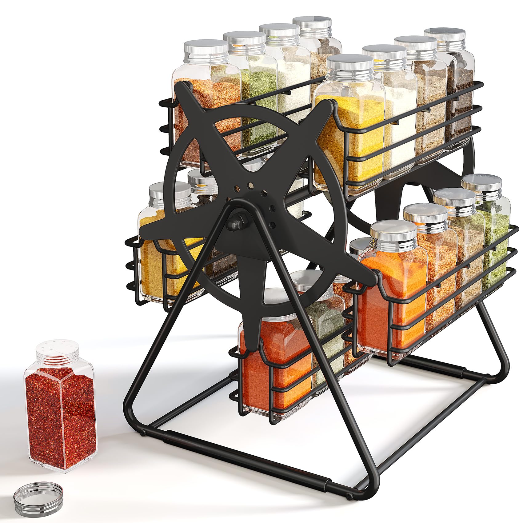 SNTD Rotating Spice Rack Organizer Ferris Wheel design with spice jars and labels