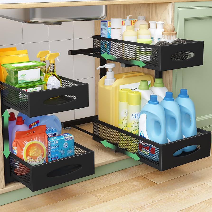 Banlilu Under Sink Organizer 2-Tier Pull-Out Bamboo Cabinet Storage Shelf