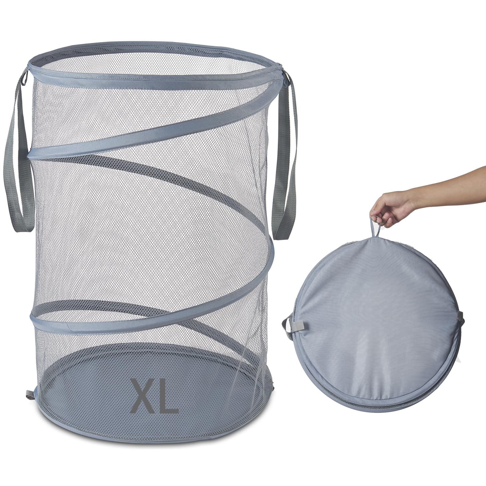 Seiritex Mesh Pop-Up Laundry Hamper 115L extra large collapsible basket with handles gray