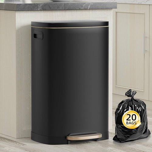 KdbK 13-Gallon Stainless Steel Kitchen Trash Can pedal operated soft close lid black
